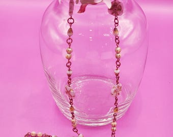 0131 29-in Czech Crystal/Copper Looped Handcrafted Artisan Necklace Pink Flowers and Teardrops Melon Beads Copper Wash