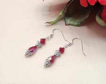 202407 Sterling Silver/Swarovski Crystal Handcrafted Beaded Earrings Siam AB Teardrops Metal Caps