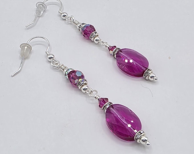 Featured listing image: Swarovski Sterling Silver Fuschia AB Oval and 6mm Round Handcrafted Artisan Earrings with Rhinestone Spacers