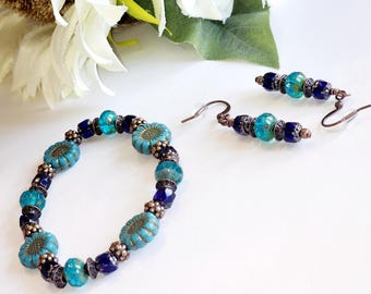 CBS01 Czech Glass Handcrafted Artisan Beaded Elastic Bracelet Earring Set Cobalt Turqouise Blue Floral Boho