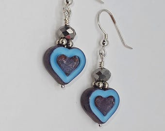 Czech Crystal Sterling Silver Earrings: Blue Hearts Boho Artisan Jewelry