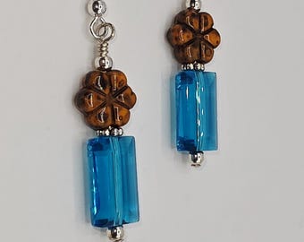 Czech Crystal Drop Earrings: Sterling Silver Floral Rectangle