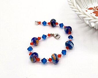 0093 7-in Swarovski Crystal/Millefiori Glass Beaded Bracelet 6mm Capri Blue and 4mm Hyacinth Bicones, 10x6mm Rondelles, Sterling Findings