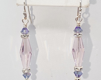Swarovski Sterling Silver Earrings: Elongated Light Amethyst Bicones Flanked by Tanzanite and Rhinestone Spacers
