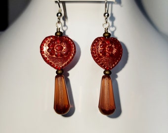 CE22 Handcrafted Artisan Drop/Dangle Earrings Red Hearts Copper Wash Czech Crystal Sterling Silver Ear Wires and Headpins