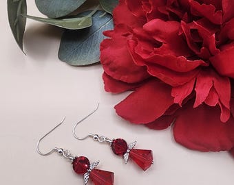 202411 Sterling Silver/Swarovski Crystal Handcrafted Beaded Angel Earrings Siam AB Tablets and Cones