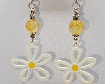 Sterling Silver Glass Handcrafted Artisan Beaded Daisy Earrings