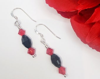 Sterling Silver Swarovski Crystal Earrings: Jet Black & Light Siam Red