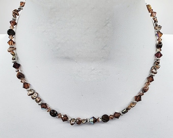Swarovski Crystal & Sterling Silver Pearl Choker: Petrified Wood Beaded Necklace