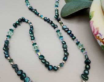 0123 24-in Swarovski Crystal/Sterling Silver Beaded Artisan necklace 6mm Peridot 5mm Emerald 4mm Clear AB Fresh Water Pearls