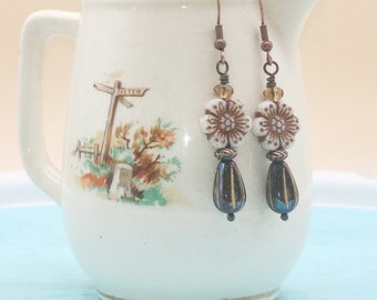 CE40 Handcrafted Drop/Dangle Earrings Cream Czech Flowers Coffee Melon Drops Copper Ear Wires and Headpins Boho Bohemian