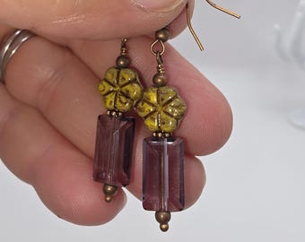 Czech Crystal Drop Earrings: Antiqued Copper Floral Rectangle
