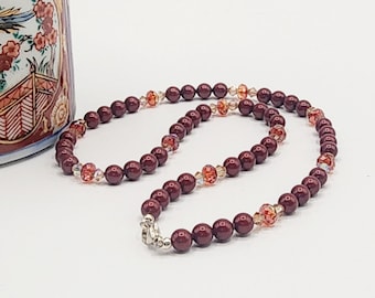 0092 18.5-in Swarovski Crystal/Sterling Silver Beaded NECKLACE ONLY 6mm Red Magma, 4mm Light Colorado Topaz AB, 6mm Bordeaux Pearls