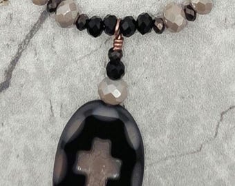 Cross Czech Crysyal Pendant on Handcrafted Artisan Beaded Necklace with Copper Lobster Closure