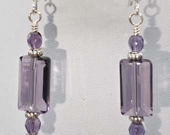 Czech Crystal Drop Earrings: Sterling Silver Rectangle Tanzanite Purple