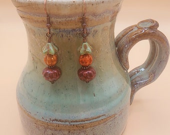 Handcrafted Czech Glass Drop Earrings: Green Buds, Copper Washed Melons