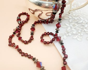 0121 30-in Swarovski Crystal/Sterling Beaded Artisan necklace 8mm Sian AB, 5mm Jet 5mm and metal spacers on Fresh Water Pearls
