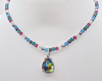 Glass/Crystal Rainbow Pendant Necklace: Artisan Beaded Sterling Silver Lobster Clasp