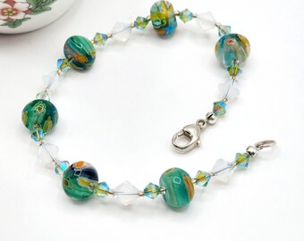 0096 7.5-in Swarovski Crystal/Millefiori Glass, Sterling Silver Beaded Bracelet White Opal Peridot AB and Rondelles