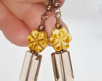 Czech Crystal Drop Earrings: Antiqued Copper Floral Rectangle