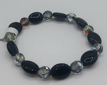 CB23 Czech Glass Handcrafted Artisan Beaded Bracelet Jet Oval and 6mm Clear Fire Polished Elastic Stretch