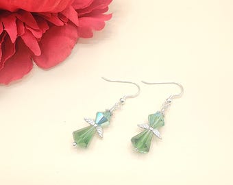202409 Sterling Silver/Swarovski Crystal Handcrafted Beaded Angel Earrings Erinite AB 8mm Bicones 11x8 Cones