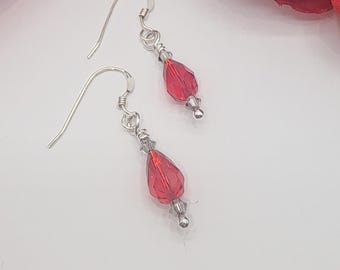 Handcrafted Sterling Silver Light Siam Swarovski Crystal Teardrop Earrings