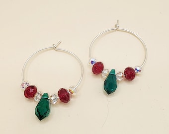 202404 Sterling Silver/Swarovski Crystal Handcrafted Beaded Hoop Earrings Clear AB Siam and Emerald Teardrops