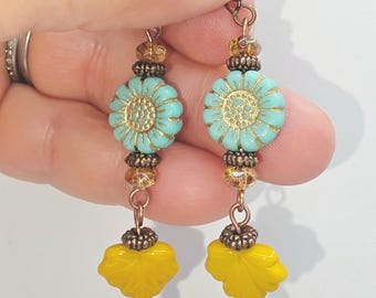 Czech Crystal Drop Earrings: Antiqued Copper Floral Leaves Fall