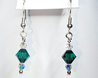 0058 Sterling Silver/Swarovski Crystal Handcrafted Beaded Earrings 8mm Emerald Bicones Flanked by 4mm Clear AB Rounds