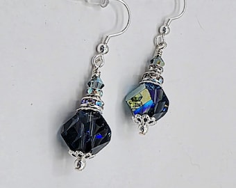 Swarovski Crystal Sterling Silver Montana Blue AB and 4mm Handcrafted Artisan Earrings with Rhinestone Spacers
