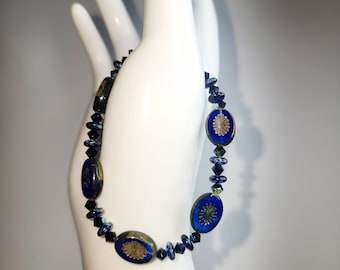 0025 7.5-in Czech Glass/Sterling Silver Handcrafted Artisan Beaded Bracelet Cobalt Blue Bohemian Style Picasso Finish