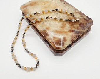 0015 22-in Swarovski Crystal Sterling Silver Czech Glass Artisan Beaded Necklace 8&6mm Sand Opal 6mm Bronze Bicone 4mm Dorado X2, Topaz