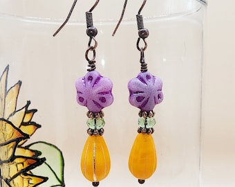 Boho Drop Earrings: Purple Czech Flowers, Orange Melon Drops