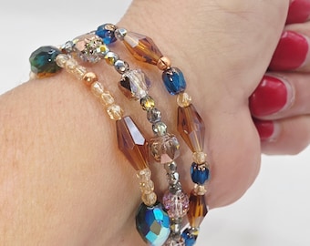 Czech Glass Royal Blue AB Topaz Beaded Elastic-Stretchy Single or Stackable Bracelets 1 Piece