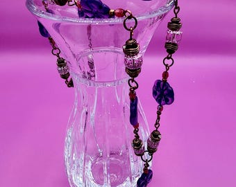 CN02 20.75-inch Czech Glass/Copper Linked Handcrafted Artisan Beaded Necklace Purple Flowers Pink Cathedral Beads Magnetic Clasp