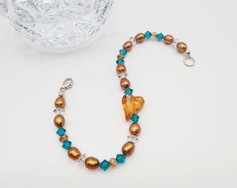 0043 7-in Swarovski Crystal/Freshwater Pearl Artisan Beaded Bracelet Blue Zircon Astral Pink Clear Spacer Slanted Heart Charm