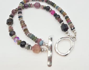 Swarovski Watermellon Tourmaline  Handcrafted Artisan Beaded 7.5-in Double Strand Bracelet Silver Colored Toggle Clasp 6mm Fuschia AB Prism