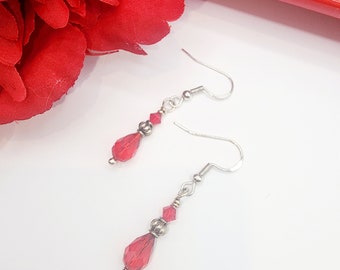 0083 Sterling Silver/Swarovski Crystal Handcrafted Beaded Earrings 9x6mm Lt Siam Teardrops 4mm Lt Siam Bicones and Metal Spacers