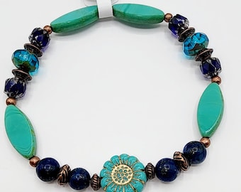 CB24 Czech Glass Handcrafted Artisan Beaded Bracelet Turquoise Marquis Floral 4mm Cathedral Lapis Lazuli and Copper Spacers Stretch Elastic