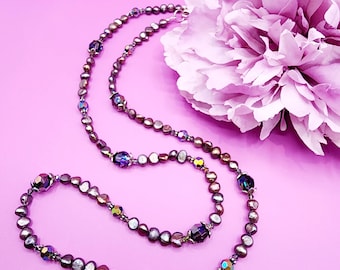 0122 26-in Swarovski Crystal/Sterling Silver Beaded Artisan necklace Medium Vitrial, Heliotrope Fresh Water Pearls Metal Spacers