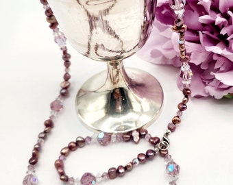 0110 26-in Swarovski Crystal/Sterling Beaded Artisan necklace 8mm Lt Amethyst AB, 5mm Clear Spacer, 4mm Lt Amethyst, Fresh Water Pearls