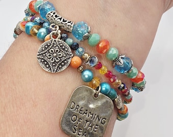 Dreaming of the Sea Multicolor Glass Beaded Elastic-Stretchy Single or Stackable Bracelets 1 Piece