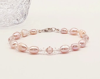 0067 8-in Swarovski Crystal/Sterling Silver Artisan Beaded Bracelet 6mm Silk Bicones 5mm Clear Spacers 3mm Clear Fresh Water Pearls