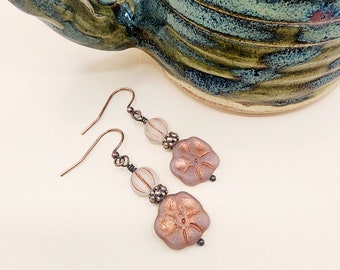CE42 Handcrafted Drop/Dangle Earrings Light Rose Copper Wash Czech Flowers and Melon Drops Copper Ear Wires and Headpins Boho Bohemian