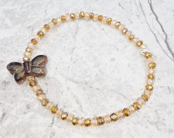Bohemian Czech Glass Beaded Bracelet: Champagne Copper Butterfly
