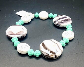 CB16 Czech Glass Handcrafted Artisan Beaded Bracelet Zebra Striped Coins Turquoise Spindle Spacers Boho Style Stretch Elastic