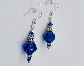 Swarovski Crystal Sterling Silver Capri Blue AB 12mm Focal 4mm Accents Handcrafted Artisan Earrings with Rhinestone Spacers