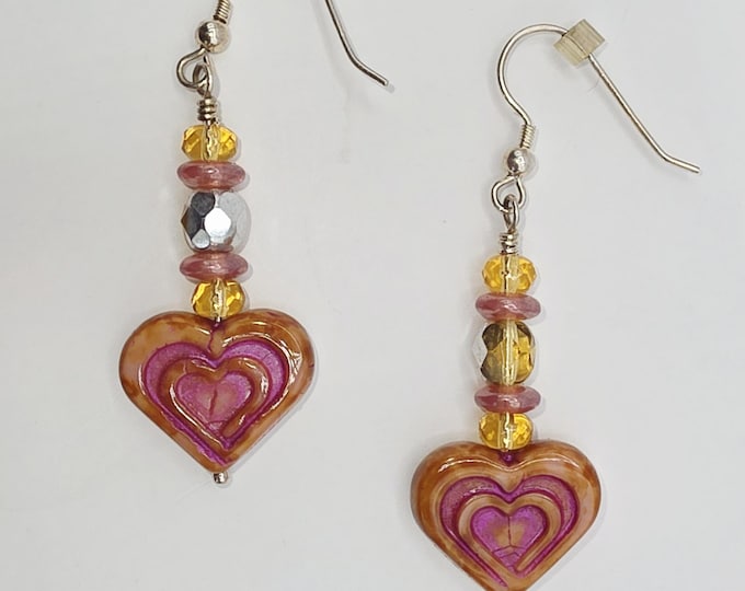 Featured listing image: Czech Crystal Sterling Silver Earrings: Pink Mustard Boho Artisan Jewelry