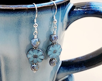 CE38 Handcrafted Artisan Drop/Dangle Earrings Blue Czech Star Crystal Picasso Finish Sterling Silver Ear Wires and Headpin